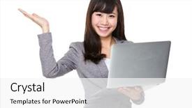  Presentation with hold hand - Colorful slide deck enhanced with asian young businesswoman hold with laptop computer and hand showing something backdrop and a white colored foreground