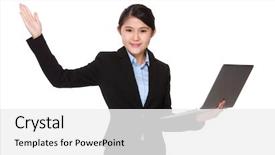  Presentation with hold hand - Slides having asian young businesswoman hold with laptop computer and open hand palm background and a white colored foreground