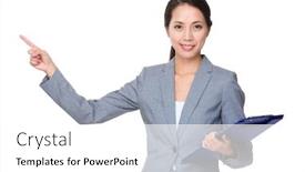  Presentation with finger point - Slide set consisting of asian young businesswoman hold with clipboard and finger point up background and a white colored foreground