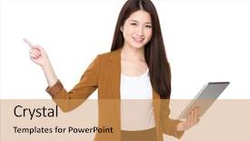 Presentation with finger point - Cool new presentation design with asian young businesswoman use of tablet pc and finger point up backdrop and a yellow colored foreground