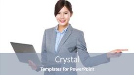  Presentation with finger point - Audience pleasing PPT theme consisting of asian young businesswoman use of the laptop computer and finger point aside backdrop and a light blue colored foreground