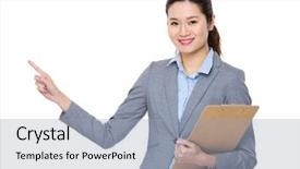  Presentation with finger point - PPT theme having asian young businesswoman with clipboard and finger point up background and a light blue colored foreground