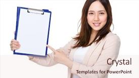  Presentation with finger point - Beautiful PPT theme featuring asian young businesswoman with finger point to clipboard backdrop and a lemonade colored foreground