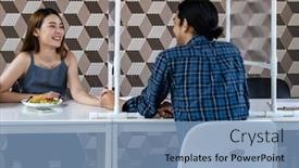  Presentation with shield - Audience pleasing presentation consisting of asian-young-couple-eating-out backdrop and a teal colored foreground