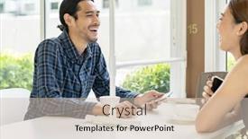  Presentation with shield - PPT theme with asian-young-couple-eating-out background and a soft green colored foreground