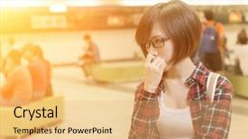  Presentation with wait - PPT theme having asian young girl wait for somebody in mall in taipei taiwan background and a yellow colored foreground