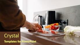  Presentation with asian - Slide set having asian-young-man-cutting-vegetable background and a  colored foreground