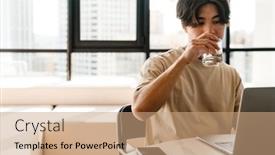  Presentation with drinking water - PPT theme featuring asian-young-man-drinking-water background and a coral colored foreground