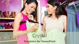  Presentation with sales - PPT layouts featuring asian young sales lady offering gown to woman in fashion store background and a soft green colored foreground
