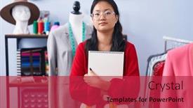  Presentation with business woman standing on maze - PPT theme featuring asian-young-woman-dressmaker-standing background and a red colored foreground