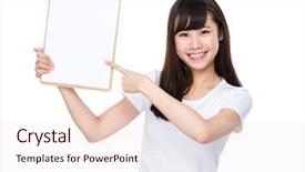  Presentation with finger point - PPT theme featuring asian young woman finger point to clipboard background and a lemonade colored foreground