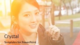  Presentation with finger point - Presentation design consisting of asian young woman finger point up and get an idea close up portrait background and a coral colored foreground