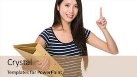 Presentation with finger point - Slide deck with asian young woman hold with folder and finger point up background and a coral colored foreground