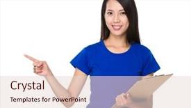  Presentation with finger point - Beautiful PPT theme featuring asian young woman hold with clipboard and finger point up backdrop and a lemonade colored foreground