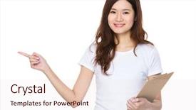  Presentation with finger point - Presentation theme with asian young woman hold with document work and finger point up background and a lemonade colored foreground