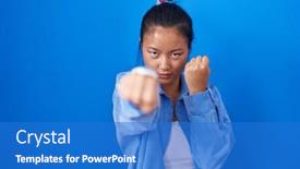  Presentation with violence woman - Presentation design featuring asian-young-woman-standing-over background and a cobalt blue colored foreground
