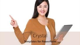  Presentation with finger point - PPT theme enhanced with asian young woman use of tablet pc and finger point up background and a coral colored foreground