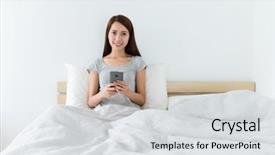 Presentation with asian - Audience pleasing presentation design consisting of asian young woman using cellphone on bed backdrop and a light gray colored foreground
