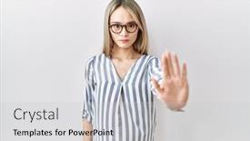  Presentation with hand palm - Theme enhanced with asian-young-woman-wearing-casual background and a light gray colored foreground