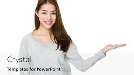  Presentation with asian - Slides featuring asian young woman with hand showing the blank sign background and a light gray colored foreground