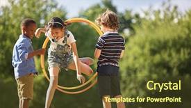  Presentation with friends - Presentation theme enhanced with asiatic - girl jumps thourgh hula hoop background and a tawny brown colored foreground