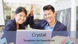  Presentation with celebrate office success - Theme having asiatic - happy asian start-up founders celebrate background and a light blue colored foreground