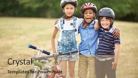  Presentation with scooty bike - Colorful slide deck enhanced with asiatic - interracial group of children backdrop and a coral colored foreground