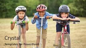  Presentation with scooty bike - Presentation with asiatic - interracial group of kids background and a coral colored foreground