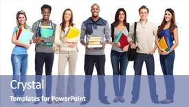  Presentation with group of students raising hands - Presentation theme having asiatic - students group background and a ocean colored foreground