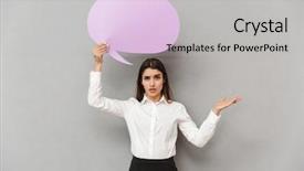  Presentation with black woman - PPT theme featuring aside while holding copyspace bubble background and a light gray colored foreground