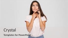  Presentation with mobile phone in woman hand - Amazing presentation theme having ask - portrait of a thoughtful doubtful backdrop and a lemonade colored foreground