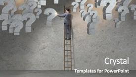  Presentation with questions - PPT theme having ask opportunity growth - businessman facing questions in business background and a  colored foreground