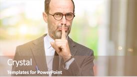  Presentation with elegant man in glasses optics - PPT theme having ask to be quiet silence background and a coral colored foreground