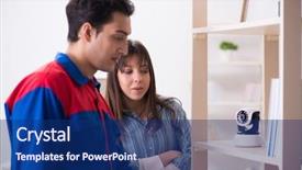  Presentation with camera - PPT theme with client getting securty camera installed background and a navy blue colored foreground