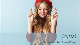  Presentation with blue and purple and red - Cool new slide deck with ask want - image of nice blond woman backdrop and a light blue colored foreground