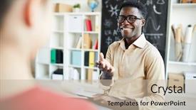  Presentation with teacher attendance - Audience pleasing presentation theme consisting of asking her question during explanation backdrop and a  colored foreground