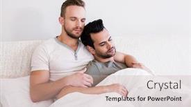  Presentation with gay - PPT layouts with asleep gay couple lying in bed at home background and a coral colored foreground
