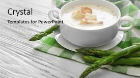  Presentation with asparagus - Presentation design having asparagus soup with crackers on table background and a light gray colored foreground