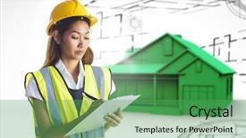  Presentation with role play woman and man - Colorful PPT theme enhanced with aspect - architect woman with yellow helmet backdrop and a ocean colored foreground