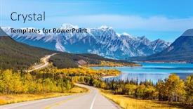  Presentation with green lake - Theme featuring asphalt-highway-leads-to-abraham background and a light blue colored foreground