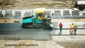  Presentation with asphalt - Audience pleasing PPT theme consisting of asphalt-paver-puts-asphalt-workers backdrop and a soft green colored foreground