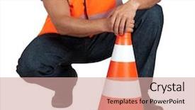  Presentation with road to safety - Slides with asphalt paving - road worker closeup with orange background and a coral colored foreground