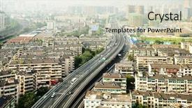  Presentation with asphalt - Presentation design consisting of asphalt road and skyscrapers of a modern city under sunset background and a light gray colored foreground