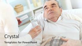  Presentation with man looking up happy - Beautiful presentation featuring aspirin - image of sick senior man backdrop and a soft green colored foreground