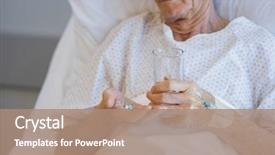  Presentation with elderly holding pills - Beautiful slide deck featuring aspirin - senior man lying on hospital backdrop and a coral colored foreground