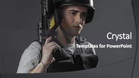  Presentation with armor - PPT theme enhanced with assault paintball sport player wearing protective helmet aiming pistol black armor and machine gun background and a dark gray colored foreground