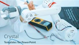  Presentation with industrial robot - Slide deck with assembling-a-model background and a light blue colored foreground