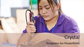  Presentation with production line - Slide deck enhanced with assembly - female chinese worker woman assembling background and a coral colored foreground