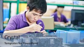  Presentation with production line - Slide deck featuring assembly - one chinese worker assembling production background and a teal colored foreground