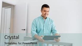  Presentation with happy baby - Slide deck with assembly - parenthood fatherhood and nursery concept background and a light blue colored foreground